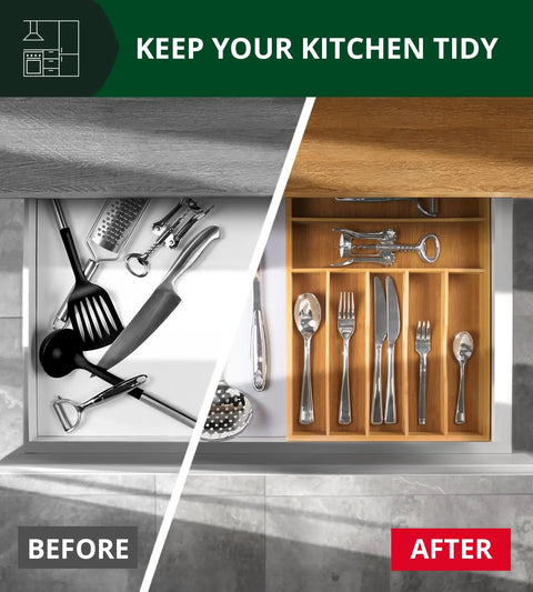 Premium Bamboo Utensil Rack And Silverware Organizer For Kitchen Drawers, showing before and after drawer organization.
