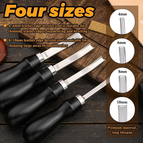 Four Size Leather Edge Beveler Tool Set With Wooden Handle For Pro Crafters, French Style Beveler, wide mouth for thinning edges.
