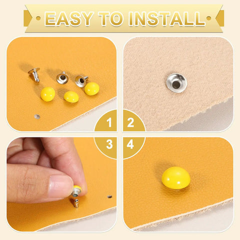 Yellow rivet installation steps on leather for 100 Piece Leather Rivet Set For DIY Bags And Purses 7mm Mushroom Dome Metal Fasteners