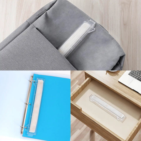 Portable 3 Hole Punch for 3 Ring Binders with One Quarter Inch Holes, lightweight and durable, shown in a binder, drawer, and pocket.