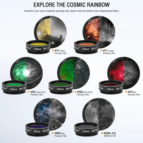 Seven 1.25 Inch Telescope Filter Set For Astronomy Dope Color Planetary Filters with various colors and Schott glass