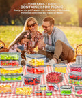 Family picnic with 40 Piece Food Storage Container Set with Airtight Lids Stackable Plastic Meal Prep Containers on checkered blanket.