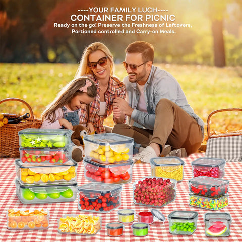 Family picnic with 40 Piece Food Storage Container Set with Airtight Lids Stackable Plastic Meal Prep Containers on checkered blanket.
