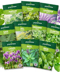 10 Herb Seeds Variety Pack with Over 7000 Heirloom Non GMO Seeds for home garden featuring seed packets for basil, cilantro, lavender, parsley, dill, thyme, chives, oregano, sage.