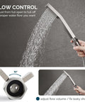 Water Flow Control Valve With Brass Shut Off For Dual Shower Faucets And RV Shower Head Hose No More Wasting Hot Water With Easy Flow Adjustment Brushed Nickel Finish shown adjusting water flow