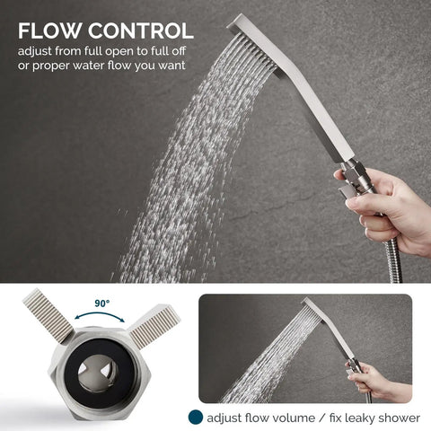 Water Flow Control Valve With Brass Shut Off For Dual Shower Faucets And RV Shower Head Hose No More Wasting Hot Water With Easy Flow Adjustment Brushed Nickel Finish shown adjusting water flow