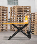 Heavy Duty Scissor Pallet Jack With 45 Inch Forks And 21 Inch Wide, Lifts Up To 31.5 In, Ergonomic Three Position Handle With Lower Slow Lift Fast Lift, 7.1 Inch Polyurethane Steering Wheels, Dual 2.9 Inch Fork Wheels, Leak Proof Hydraulic System. Yellow scissor pallet jack in warehouse.