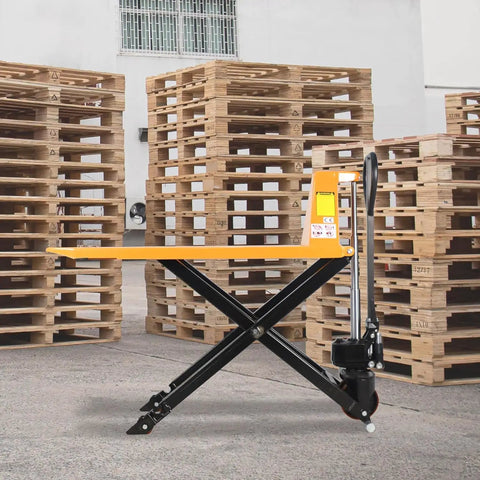 Heavy Duty Scissor Pallet Jack With 45 Inch Forks And 21 Inch Wide, Lifts Up To 31.5 In, Ergonomic Three Position Handle With Lower Slow Lift Fast Lift, 7.1 Inch Polyurethane Steering Wheels, Dual 2.9 Inch Fork Wheels, Leak Proof Hydraulic System. Yellow scissor pallet jack in warehouse.
