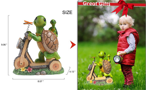 Outdoor Garden Figurine Lights Featuring A Cute Turtle Riding Scooter Solar Powered LED Statue with child for size comparison
