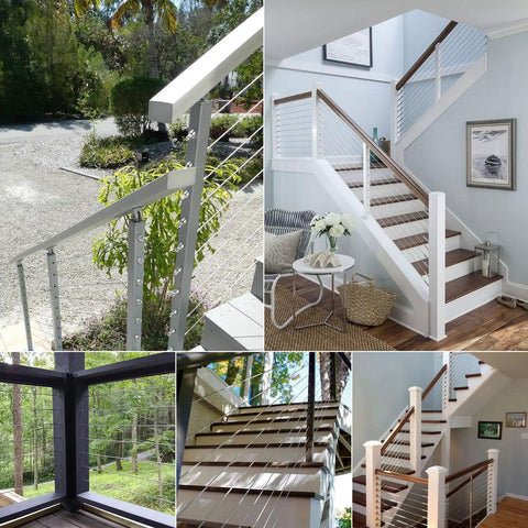 Five Hundred Feet Of One Eighth Inch Stainless Steel Cable Wire Rope T316 Marine Grade 7x7 Construction With About 1850 Lbs Breaking Strength installed on various deck and stair railings indoors and outdoors.