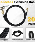 No Hassle Flexible Twenty Inch Tire Inflator Hose Adapter With Quick Release Schrader Valve And Straight Up Universal Air Pump Replacement For Cars And Trucks, durable 20-inch extension hose with brass fitting.