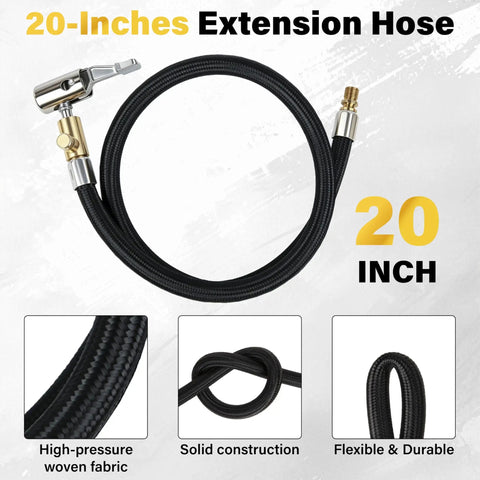No Hassle Flexible Twenty Inch Tire Inflator Hose Adapter With Quick Release Schrader Valve And Straight Up Universal Air Pump Replacement For Cars And Trucks, durable 20-inch extension hose with brass fitting.