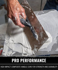 Person using Flex Drywall Curved Trowel 12-Inch By 4.75-Inch with 0.5mm blade, high-impact handle for smooth, pro-grade finishes.