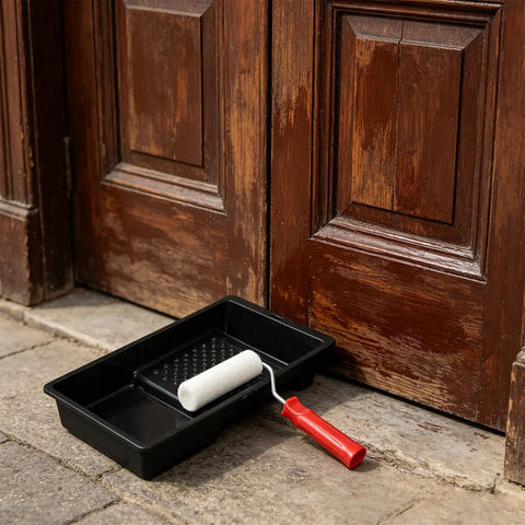 Hella Smooth Mini Paint Roller Kit With Matching Tray And Four Inch Roller Covers Delivers Slick Wall And Trim Coverage No Sweat At All Perfect For Tight Spots And Quick Refreshes with a roller and tray beside wooden doors.