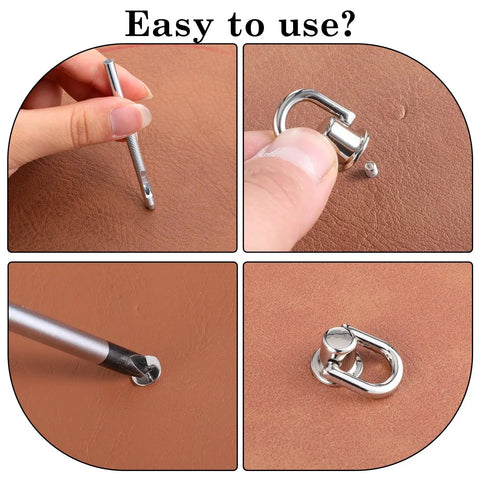 4 Pack D Rings For Purses And Bags, Heavy Duty Rotatable Metal Hardware Set With Screws And Punch, installation process detail