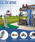 Heavy Duty Garage Sports Organizer All In One Golf Bag Rack And Multi Sport Ball Holder with golf bags and sports toys visible