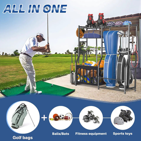 Heavy Duty Garage Sports Organizer All In One Golf Bag Rack And Multi Sport Ball Holder with golf bags and sports toys visible