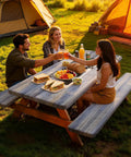 Picnic with friends on table with Picnic Table Cover With Bench Covers Built In Storage Bag, tents in background, sunny day