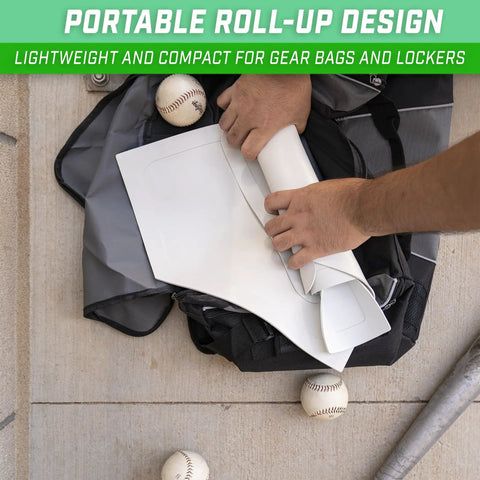 Person rolling up Baseball And Softball 5 Piece Base Set With Home Plate, Three Bases, And Pitching Rubber, easy transport setup