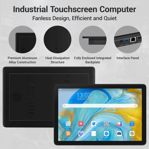 10.1 Inch Fanless Industrial Touchscreen Computer Featuring Slick RK3399 Hexa Core Processor, Android 12 Rugged Panel PC design with aluminum back.