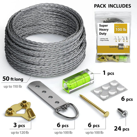 Pro Grade All In One Picture Hanging Kit With Stainless Steel Wire D Rings Hooks Screws And Level For Easy No Fuss Mounting On Drywall Or Wood Up To 100 Lbs Includes 50 Plus Feet Of Wire For Large Frames And Mirrors