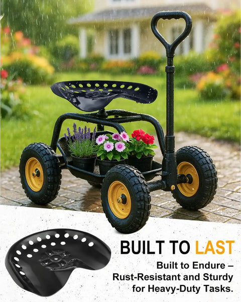 Two Pack Metal Tractor Seats 17.7 By 13.4 Inches Replacement garden cart with black seat in rain
