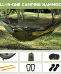 Camping Hammock With Mosquito Net And Ridge Rope For Two, Extra Large 114x55 Inch setup with accessories on grass