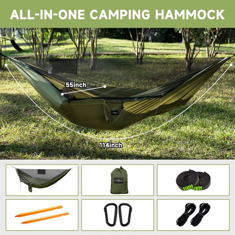 Camping Hammock With Mosquito Net And Ridge Rope For Two, Extra Large 114x55 Inch setup with accessories on grass