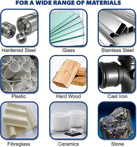 Range of materials including hardened steel, glass, stainless steel, plastic, hard wood, cast iron, fiberglass, ceramics, and stone