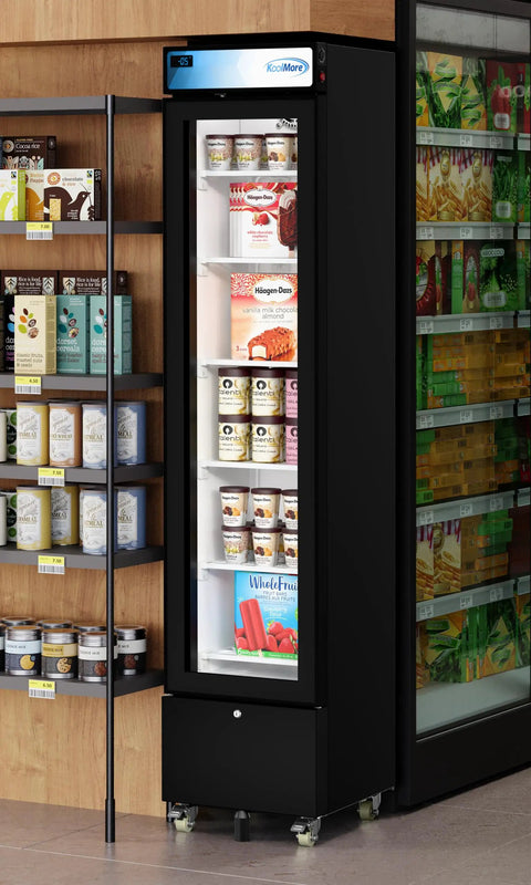Slick Commercial Display Freezer With 6.5 Cubic Feet Capacity And 17 Inch Slim Profile showcasing ice cream products behind glass door.