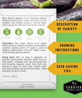 Back of heirloom Black Beauty eggplant seed packet detailing variety description, growing instructions, and seed saving tips.