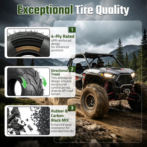 ATV with Hardcore 145/70-6 All Terrain Tires for rough trails, features 4 ply tubeless traction and directional tread.