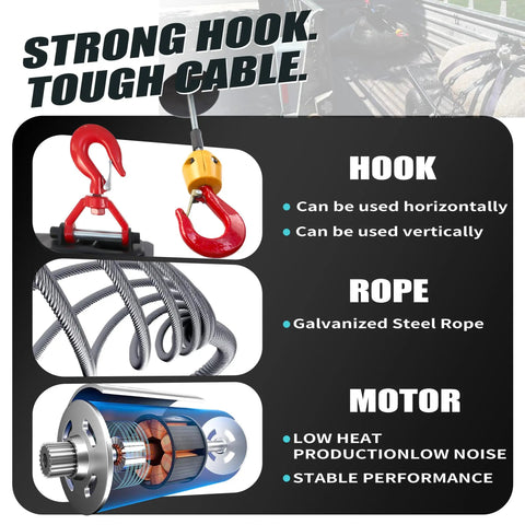 Strong hook and galvanized steel rope details of 1500 Watt 3-in-1 Electric Hoist Winch 120V Portable Lifter With Remote Control.