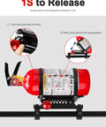 Heavy Duty ATV Fire Extinguisher Mount Kit With Quick Release Bracket For Quad And Motorcycle Handlebars Fits Seven Eighths To One And One Eighth Inch Diameter Compatible With Yamaha Polaris Honda Can Am Kawasaki in use on a handlebar with red fire extinguisher attached.