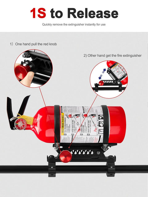 Heavy Duty ATV Fire Extinguisher Mount Kit With Quick Release Bracket For Quad And Motorcycle Handlebars Fits Seven Eighths To One And One Eighth Inch Diameter Compatible With Yamaha Polaris Honda Can Am Kawasaki in use on a handlebar with red fire extinguisher attached.