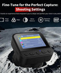 Close-up of 4K Wireless Telescope Camera with 2.8 Inch LCD Screen, showing shooting settings menu on lunar surface backdrop.