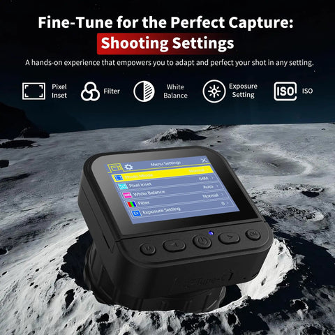 Close-up of 4K Wireless Telescope Camera with 2.8 Inch LCD Screen, showing shooting settings menu on lunar surface backdrop.