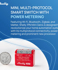 1PM Mini Gen4 Smart Switch With Wi Fi Zigbee And Matter Compatibility 1 Channel 8A Dual Pack Power Monitoring No Hub Needed Fast Setup In Minutes Remotely Control Appliances From Anywhere; red mini switch next to coin
