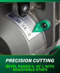 Close-up of 10 Inch Single Bevel Compound Miter Saw with 0 to 45 degree bevel indicator.