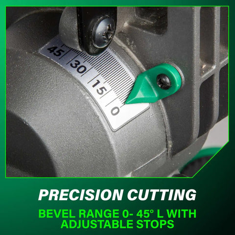 Close-up of 10 Inch Single Bevel Compound Miter Saw with 0 to 45 degree bevel indicator.