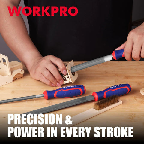 8 Inch Metal File Set Pro Grade Three Piece Kit With Flat Half Round And Round Files For Metal Shaping And Finishing Built From T12 High Carbon Steel With Chrome Finish Heat Treated To 56 62 HRC Ergonomic TPR Handle And Hanging Hole in use on wood block.