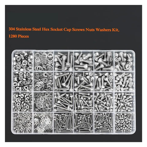 Massive 1280Pcs Stainless Steel Hex Socket Cap Screws Set With M2 M3 M4 M5 Bolts Nuts And Washers In Classified Storage Box Anti Rust Corrosion Resistant Fasteners For Home Garage Auto DIY Projects, sorted 304 stainless steel kit