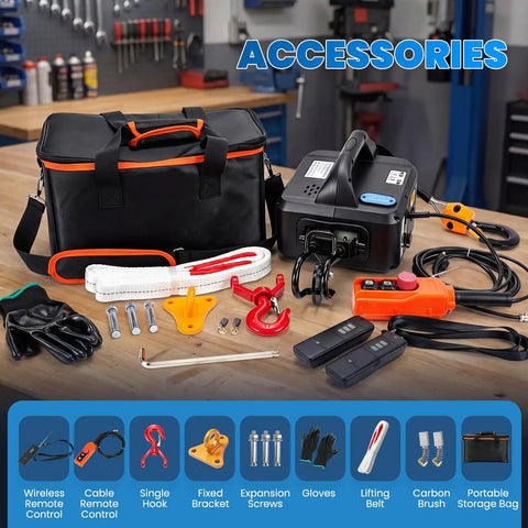Electric Hoist Pro 1100lb Winch With Single And Double Hooks, 110v 120v Beefed Up Lift System, Wireless Remote shown with accessories