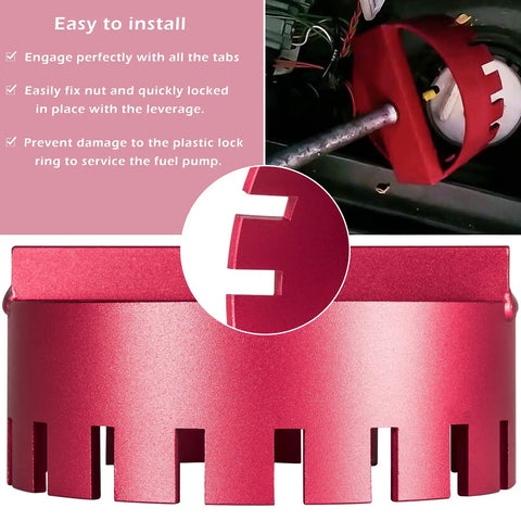 Volvo Fuel Pump Lock Ring Socket Tool That Lets You Remove And Install Left And Right Retaining Nuts, shown in use and close-up