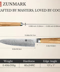 Eight Inch Damascus Steel Chef Knife With A Smooth Olive Wood Handle And Razor Sharp 10Cr15CoMoV Core on display with dimensions.