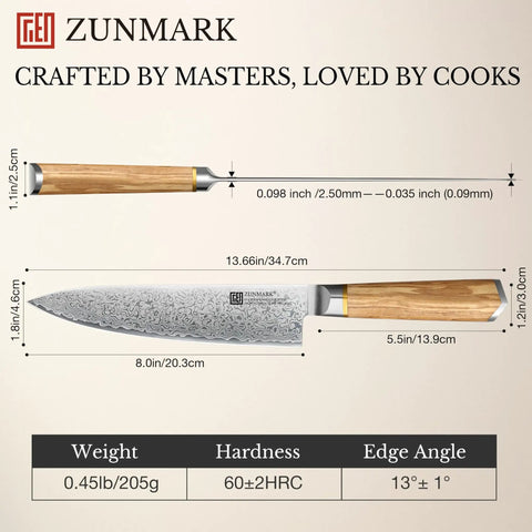 Eight Inch Damascus Steel Chef Knife With A Smooth Olive Wood Handle And Razor Sharp 10Cr15CoMoV Core on display with dimensions.