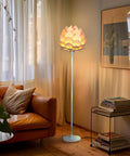 Artichoke Design 68 Inch Tall Free Standing LED Floor Lamp With Multi Panel Wooden Shade in cozy living room setting