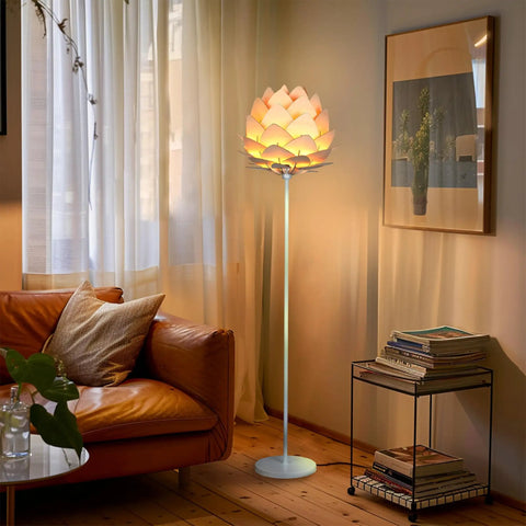 Artichoke Design 68 Inch Tall Free Standing LED Floor Lamp With Multi Panel Wooden Shade in cozy living room setting