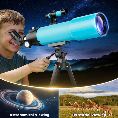 Child enjoying 80mm Portable Beginner Telescope For Moon And Planets With High Power Refractor setup against night sky backdrop.