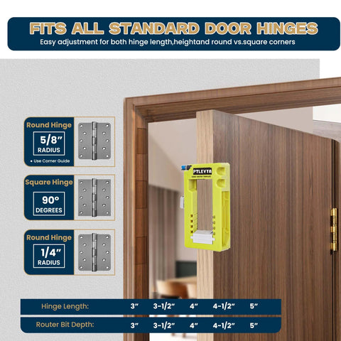 Door Hinge Mounting Template Kit Green for 3-5 Inch Hinges, 90 Degree Positioning, installed on door, fits 1/4 and 5/8 inch thicknesses